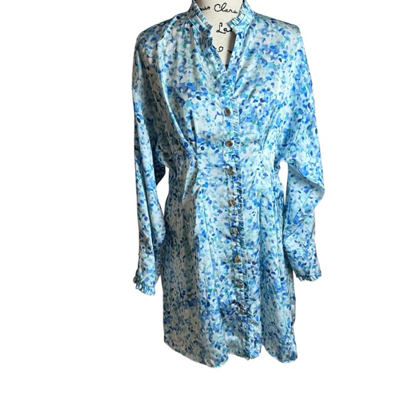 ZARA Blue Watercolor Dress – Size‎ XL midi gold buttons button up design - Picture 2 of 7